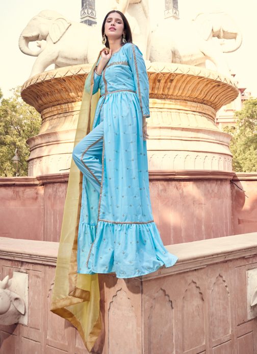 Zari and Sequence Work Crape Sky Blue Dress - Image 2