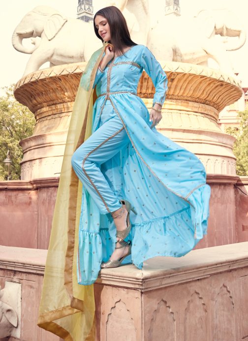 Zari and Sequence Work Crape Sky Blue Dress