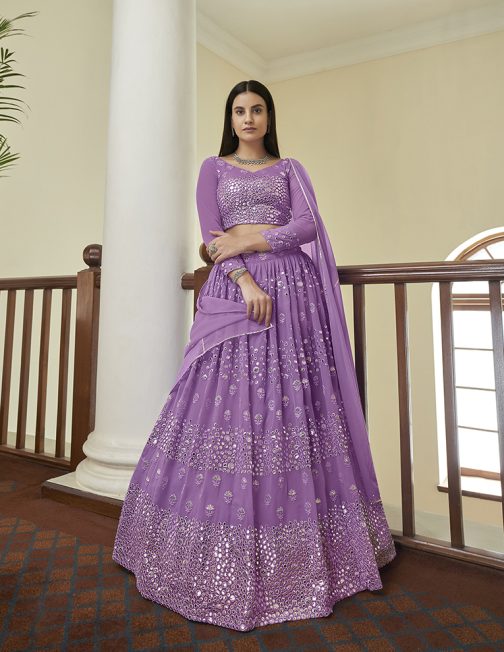 Resham Work Georgette Purple Lehenga Choli