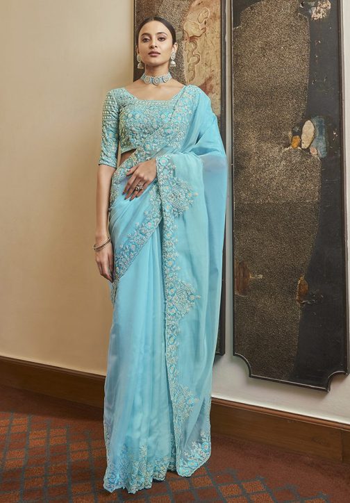 Stunning Embroidered and Sequence Worked Sky Blur Saree - Image 2
