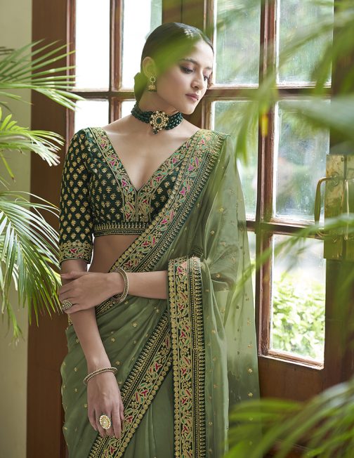 Dori Work Designer Olive Green Saree - Image 2