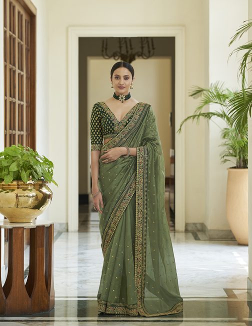 Dori Work Designer Olive Green Saree