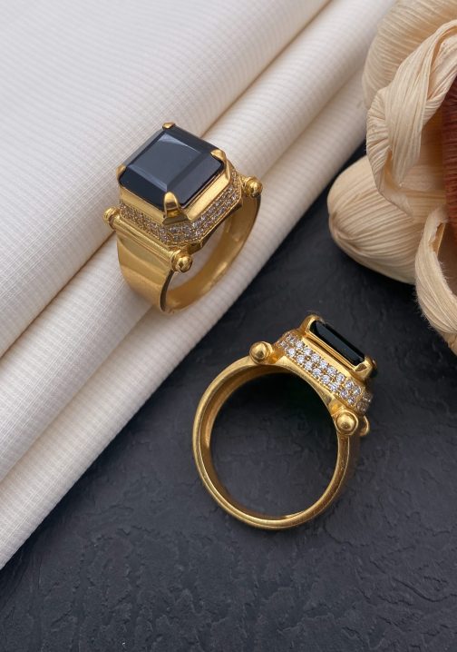 Bansuri Square Black Stone Ring Diamonds For Men