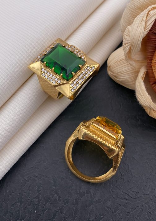 Steper Square Green Stone Ring Diamonds For Men