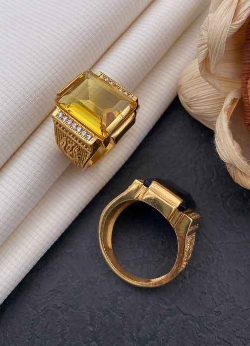 Lord Trishul Yellow Stone Ring Diamonds For Men