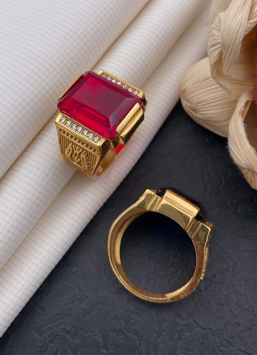 Lord Trishul Red Stone Ring Diamonds For Men