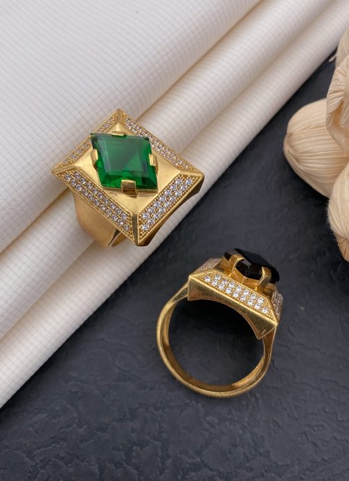 Cross Square Green Stone Ring Diamonds For Men