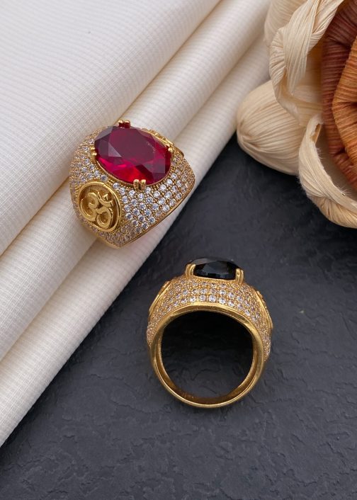 Om Red Stone Diamond Ring For Men