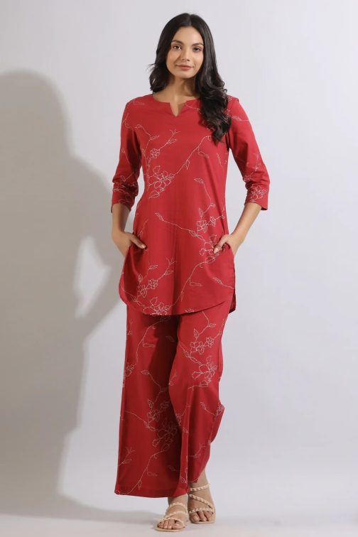Red Mesmerizing Printed Cotton Kurta and Plazzo Set