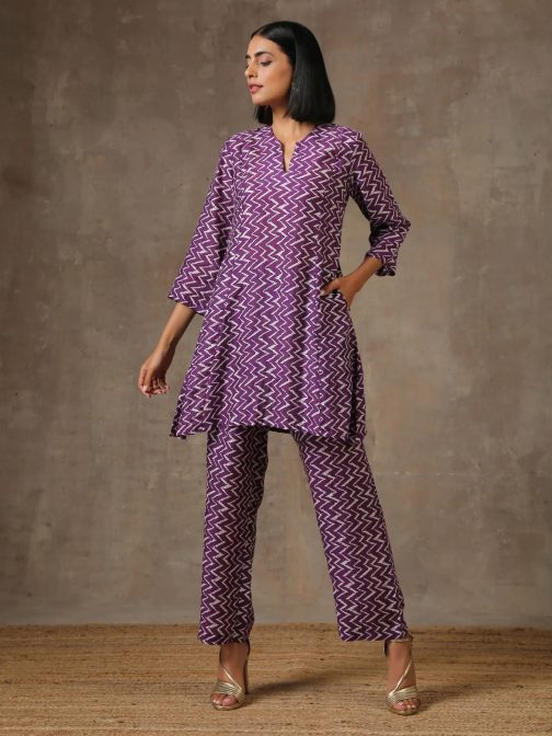 Purple Mesmerizing Printed Cotton Kurta and Plazzo Set