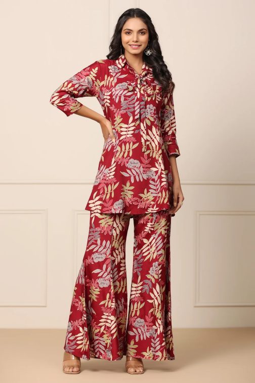 Red Leaves Printed Cotton Top and Plazzo set