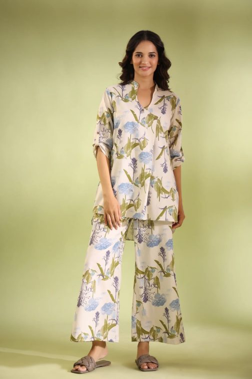Off White Printed Cotton Top and Plazzo Set