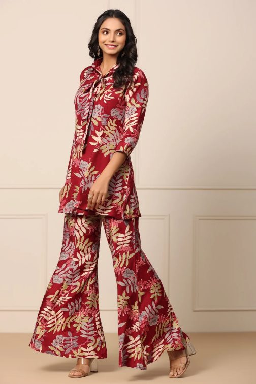 Red Leaves Printed Cotton Top and Plazzo set