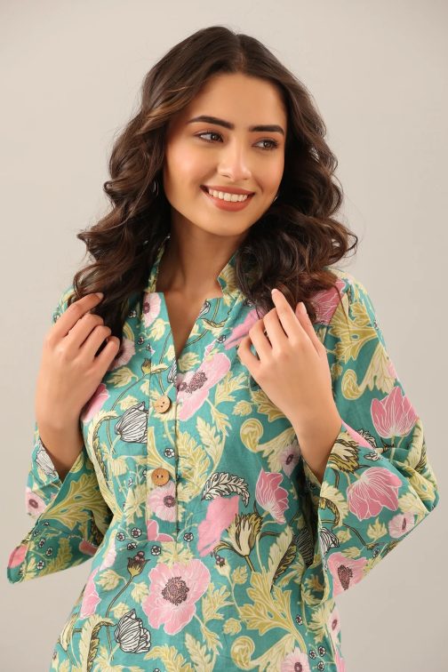 Green Cotton Blend Beautiful Co-ord Top With Designer Pant