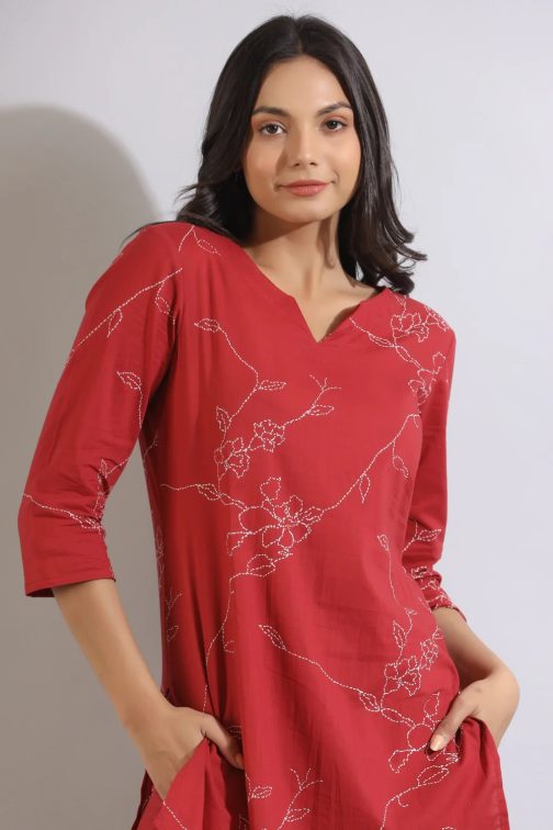 Red Mesmerizing Printed Cotton Kurta and Plazzo Set