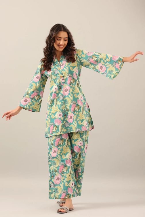 Green Cotton Blend Beautiful Co-ord Top With Designer Pant