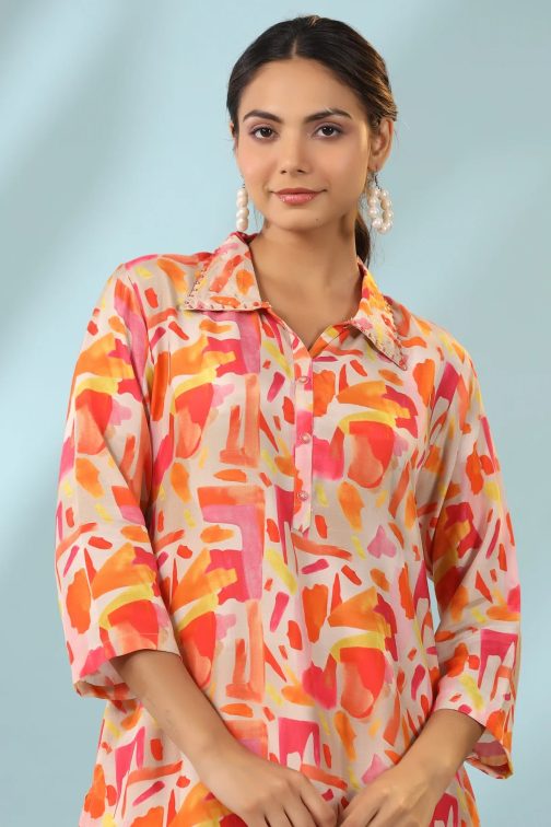 Orange Cotton Blend Kurta Palazzo Set for Women