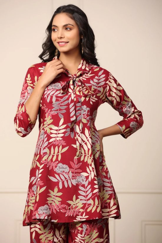 Red Leaves Printed Cotton Top and Plazzo set