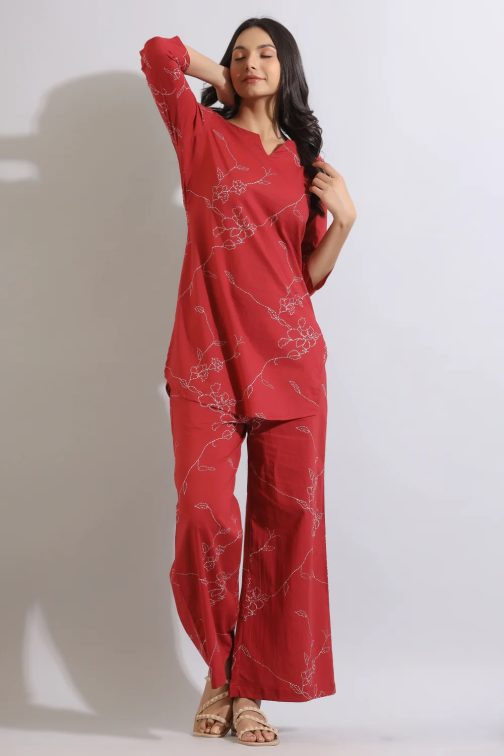 Red Mesmerizing Printed Cotton Kurta and Plazzo Set