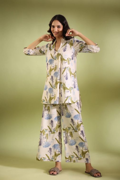 Off White Printed Cotton Top and Plazzo Set