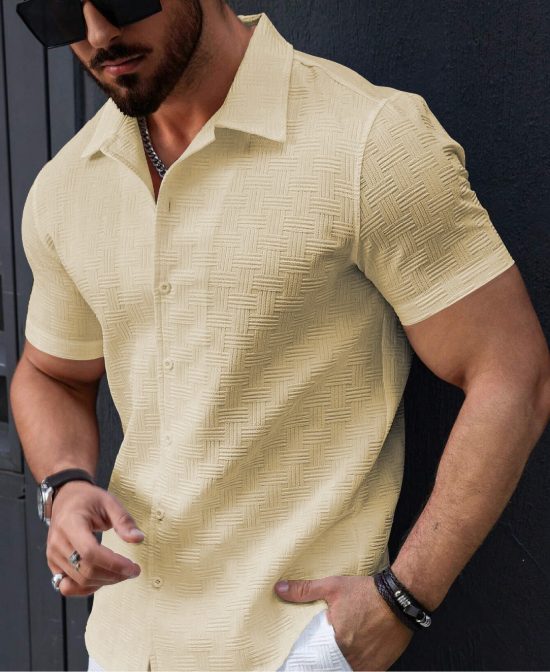 Men's Stylish Casual Textured Yellow Shirt