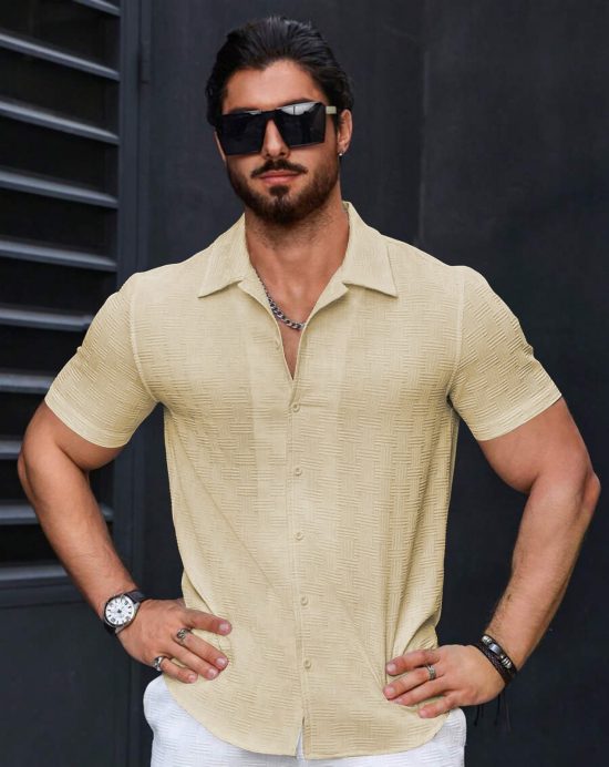 Men's Stylish Casual Textured Yellow Shirt