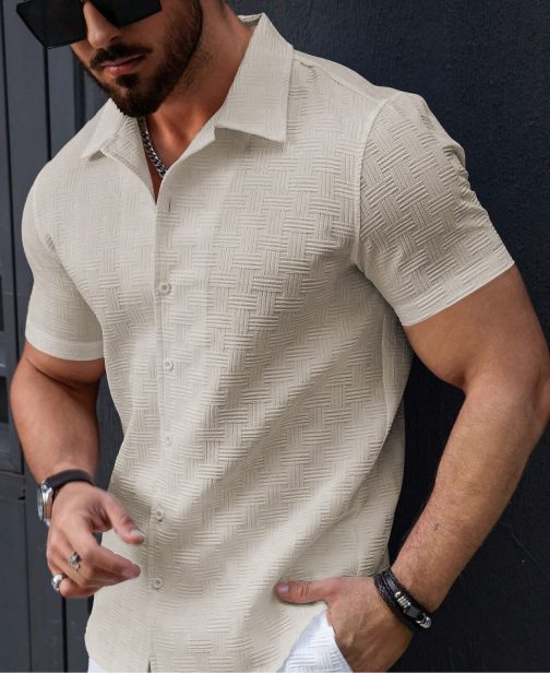 Men's Stylish Casual Textured Cream Shirt