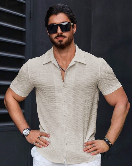Men's Stylish Casual Textured Cream Shirt