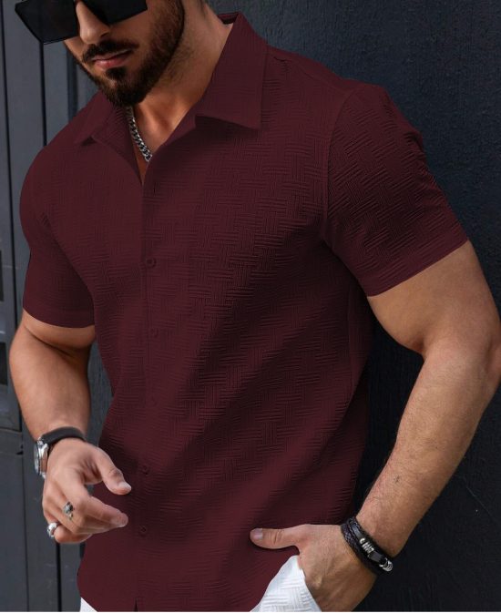 Men's Stylish Casual Textured Red Shirt