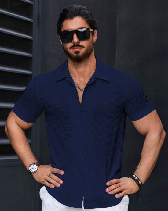 Men's Stylish Casual Textured Blue Shirt
