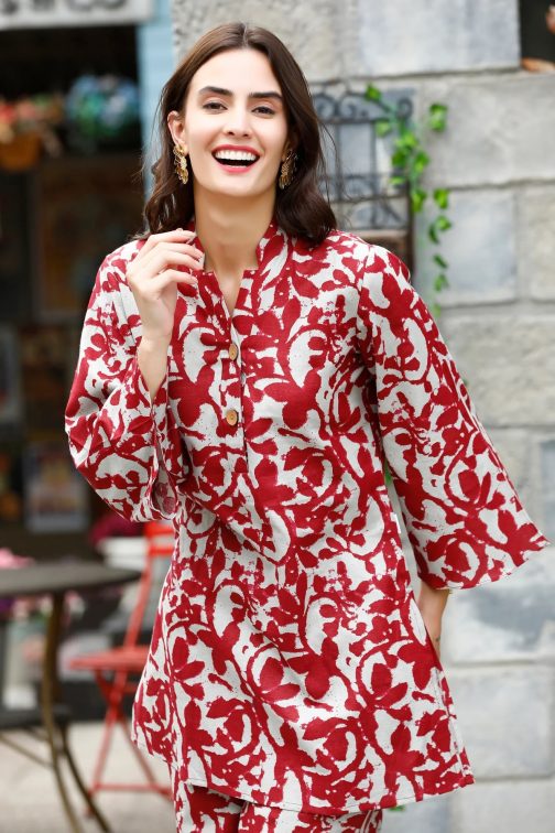 Precious Red Printed Cotton Top and Plazzo Set