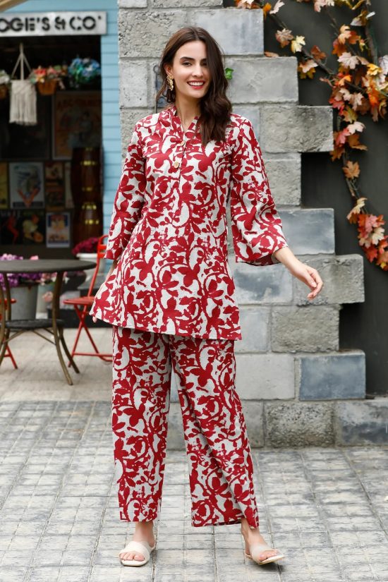 Precious Red Printed Cotton Top and Plazzo Set