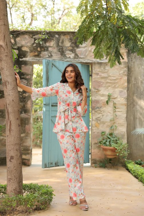 Cream Floral Printed Lapel Collar Co-ord set