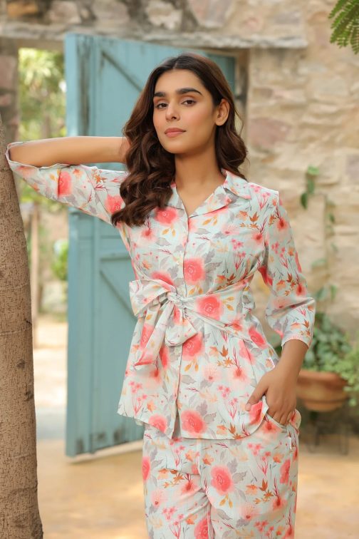 Cream Floral Printed Lapel Collar Co-ord set
