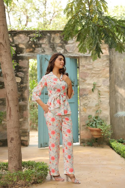 Cream Floral Printed Lapel Collar Co-ord set