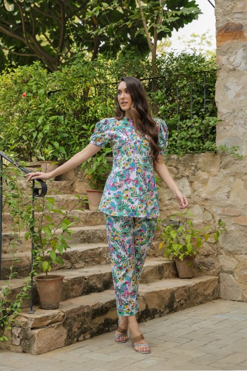 Muslin Silk Printed White Co-ord set