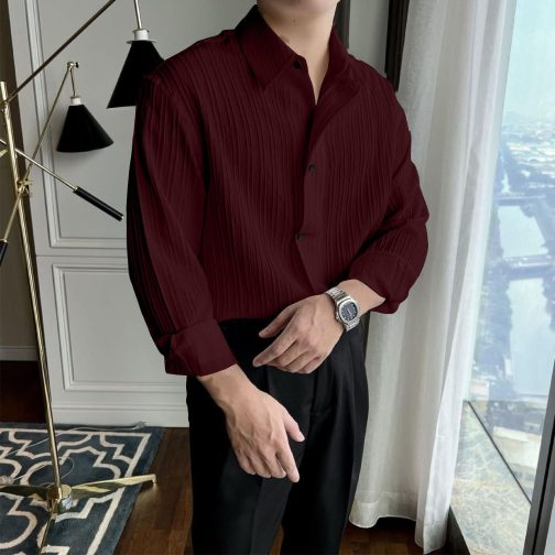 Maroon Spread Collar Short Sleeve Shirt