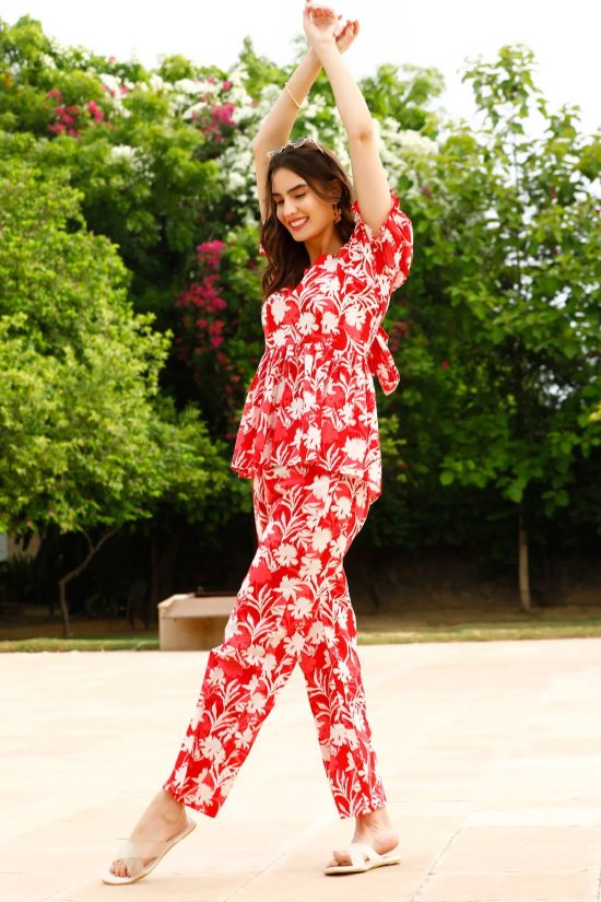 Red Cotton Floral Printed Co-ord Set
