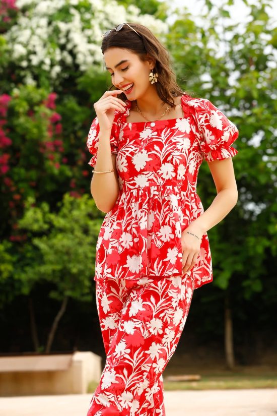 Red Cotton Floral Printed Co-ord Set