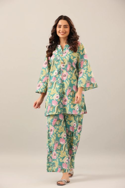 Green Cotton Blend Beautiful Co-ord Top With Designer Pant