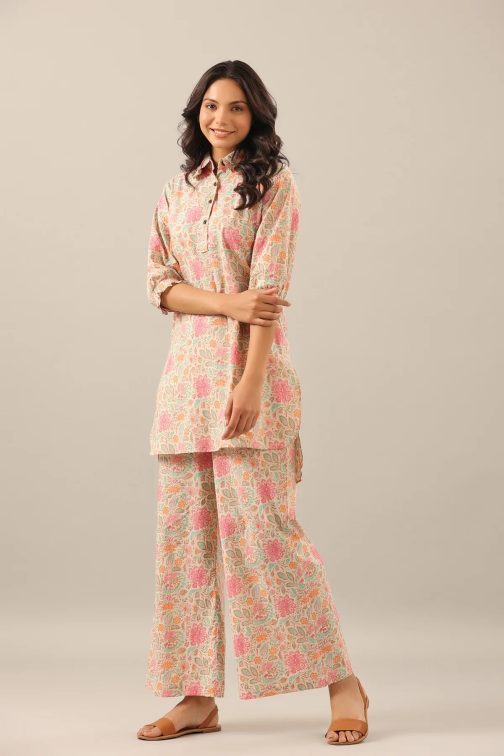 New Designer Beige Cotton Printed Co-ord Set