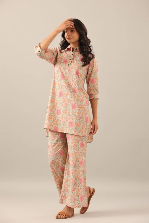 New Designer Beige Cotton Printed Co-ord Set