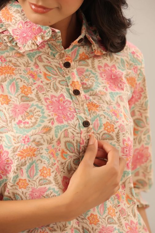 New Designer Beige Cotton Printed Co-ord Set