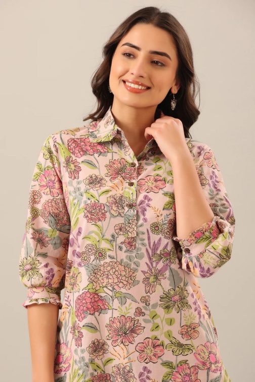 Cream Printed Multi Color Cotton Kurta and Plazzo Set