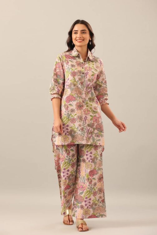 Cream Printed Multi Color Cotton Kurta and Plazzo Set