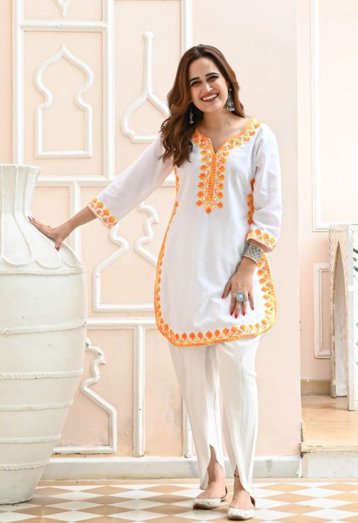 Embroidered White Cotton Kurta and Plazzo Set