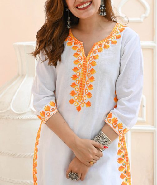 Embroidered White Cotton Kurta and Plazzo Set