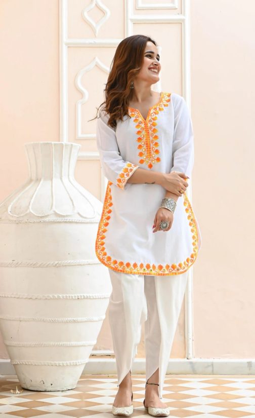 Embroidered White Cotton Kurta and Plazzo Set