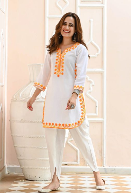 Embroidered White Cotton Kurta and Plazzo Set
