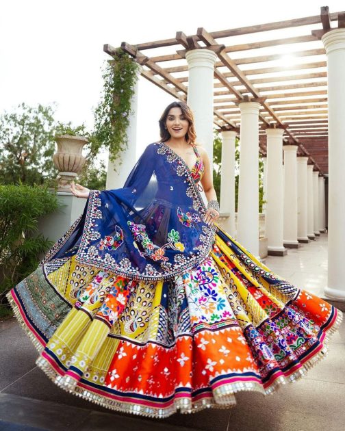 Elegant Soft Butter Multicolor Digital Print with Real Mirror Navratri Lehenga Choli Set